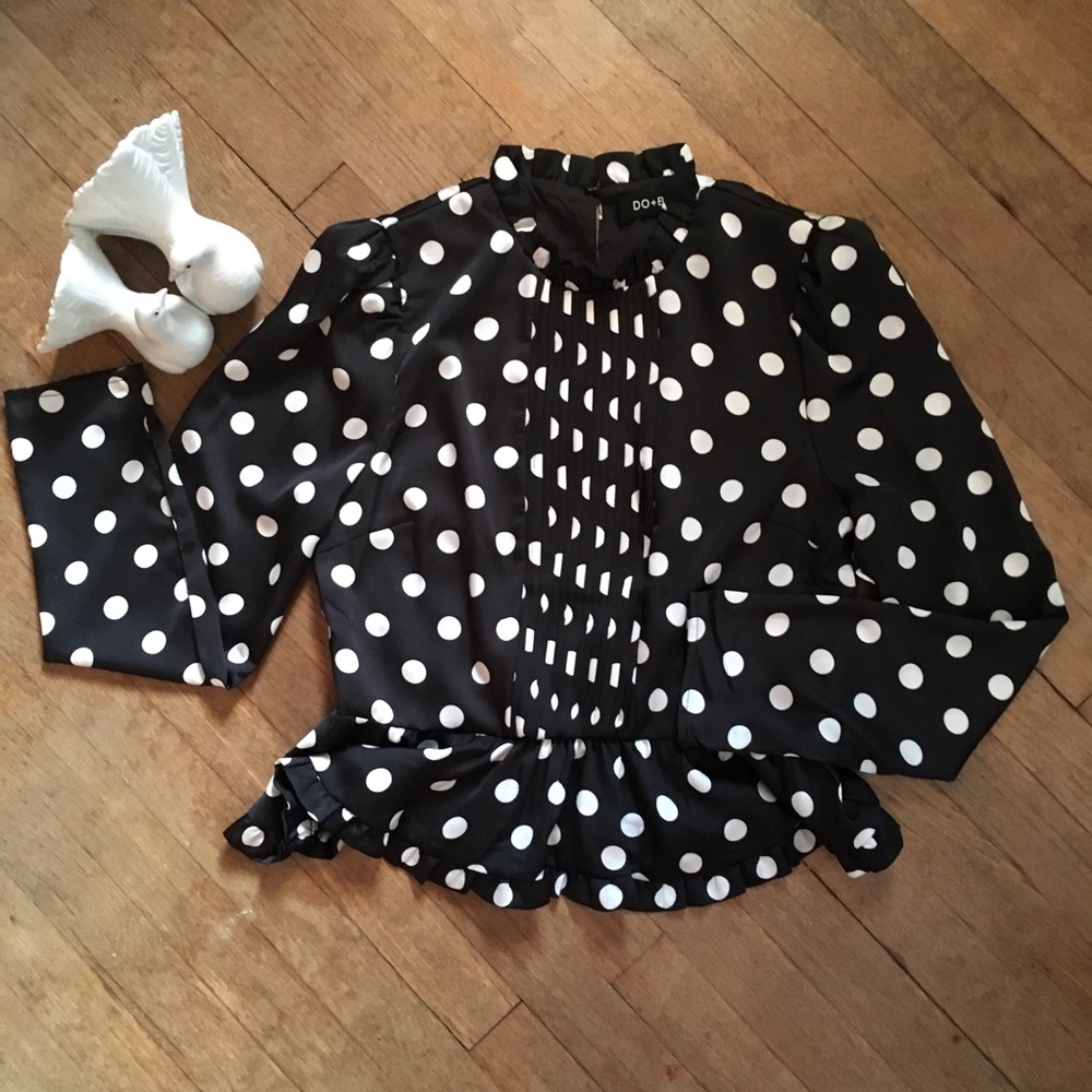 DO + BE Pretty Polka Dot Peplum Long Sleeve Blouse